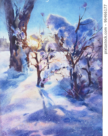 Watercolor painting of sunset in snowy forest. winter landscape painting with snow trees, sunlight through the trees, shadow and bright sky. Watercolor painting of sunset in snowy forest. winter landscape painting with snow trees, sunlight through the trees, shadow and bright sky. 96466177