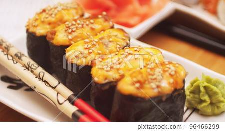 hot sushi roll  with salmon . close up 96466299