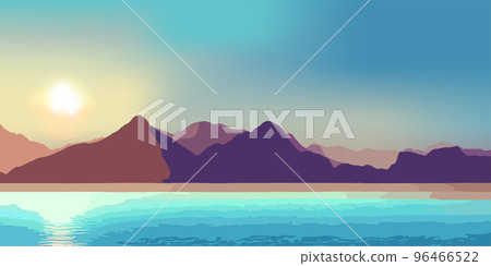 Landscape with sea and mountains beautiful dawn. Fantasy world. Idyllic tranquil morning Landscape with sea and mountains beautiful dawn. Fantasy world. Idyllic tranquil morning 96466522