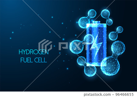 Futuristic Hydrogen fuel cell concept with glowing low polygonal battery and hydrogen molecules Futuristic Hydrogen fuel cell concept with glowing low polygonal battery and hydrogen molecules 96466655