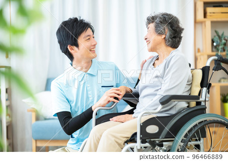 Nursing care, caregiver, man, woman, old woman, wheelchair, nursing facility, nursing home, senior, grandmother, old man, elderly Nursing care, caregiver, man, woman, old woman, wheelchair, nursing facility, nursing home, senior, grandmother, old man, elderly 96466889