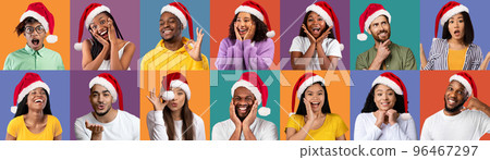 Mosaic With Happy Multiethnic People In Santa Hats Posing Over Multicolored Background Mosaic With Happy Multiethnic People In Santa Hats Posing Over Multicolored Background 96467297
