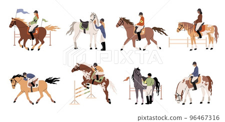People riding horses. Horsemen in jockey clothes and helmets, professional equestrian, riding training, different stallions, gallop and jump, male and female characters, tidy vector set People riding horses. Horsemen in jockey clothes and helmets, professional equestrian, riding training, different stallions, gallop and jump, male and female characters, tidy vector set 96467316