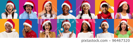 Xmas Offer. Mosaic With Smiling Multiethnic Men And Women Wearing Santa Hats Xmas Offer. Mosaic With Smiling Multiethnic Men And Women Wearing Santa Hats 96467320