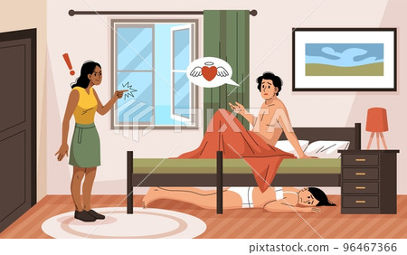 Adultery couple. Husband cheats on wife with mistress, woman hides under lovers bed, cheating partner, family quarrel, distrustful relationship, tidy vector cartoon flat style concept 96467366