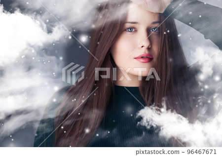 Winter beauty, Christmas time and happy holidays, beautiful woman with long hairstyle and natural make-up behind frozen window, snowing snow design as xmas, New Year and holiday lifestyle portrait Winter beauty, Christmas time and happy holidays, beautiful woman with long hairstyle and natural make-up behind frozen window, snowing snow design as xmas, New Year and holiday lifestyle portrait 96467671
