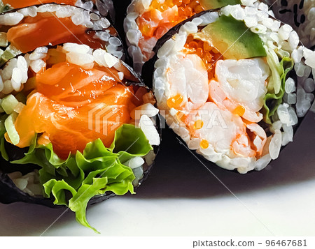 Food and diet, japanese sushi in a restaurant, asian cuisine as meal for lunch or dinner, tasty recipe idea Food and diet, japanese sushi in a restaurant, asian cuisine as meal for lunch or dinner, tasty recipe idea 96467681