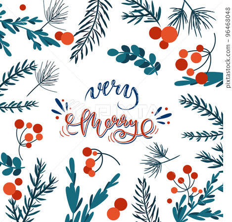 Winter Greeting Card Green Branches Red Berries Winter Greeting Card Green Branches Red Berries 96468048