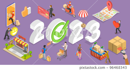 3D Isometric Flat Vector Conceptual Illustration of E-commerce Trends In New Year 2023 3D Isometric Flat Vector Conceptual Illustration of E-commerce Trends In New Year 2023 96468343