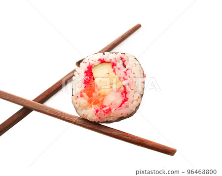 roll with shrimp, salmon, red masago and chopstick isolated on white 96468800