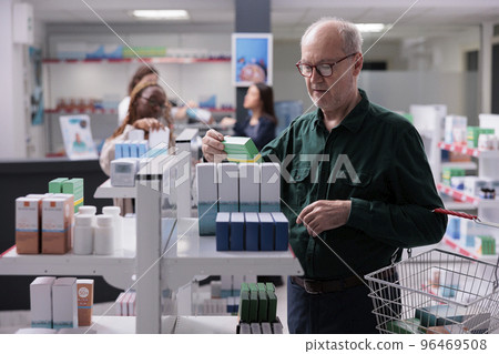 Man client looking at drugstore shelves with pharmaceutical products, choosing to buy vitamin supplements for for immune system. Pharmacy full with clients and health care medication. Man client looking at drugstore shelves with pharmaceutical products, choosing to buy vitamin supplements for for immune system. Pharmacy full with clients and health care medication. 96469508
