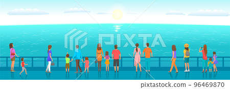 People watching marine scenery. Parents and children stand on pier and admire summer seascape 96469870