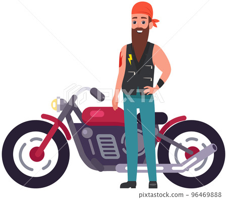 Brutal bearded biker in bandana and leather jacket, driver, motorcyclist standing near huge bike 96469888