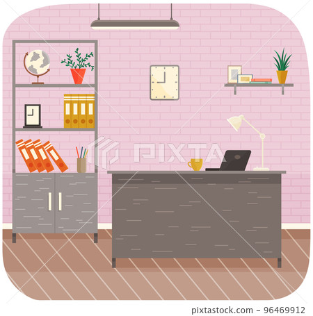 Interior of workplace with desk with laptop, bookcase with folders and documents for working at home Interior of workplace with desk with laptop, bookcase with folders and documents for working at home 96469912