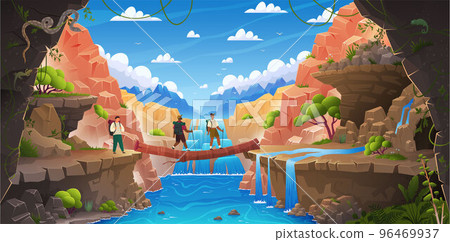 People walk on makeshift log bridge among rocks. Tourist route through waterfall, mountains, river People walk on makeshift log bridge among rocks. Tourist route through waterfall, mountains, river 96469937