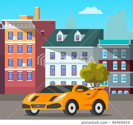 Modern car yellow sedan drive on road in city street against tall buildings on carriageway Modern car yellow sedan drive on road in city street against tall buildings on carriageway 96469938