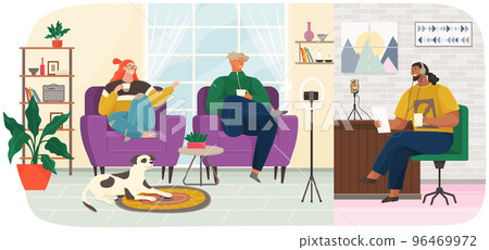 Man with paper interviewing people in studio. Cartoon characters and dog filming online talk show 96469972