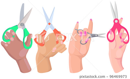 Various shapes scissors set in human hands. Tool made of blades and handles to cut materials Various shapes scissors set in human hands. Tool made of blades and handles to cut materials 96469973