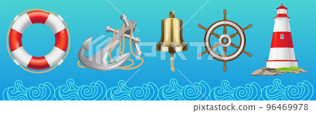 Attributes of marine theme vector set vintage bell, lifebuoy, lighthouse, anchor and steering wheel 96469978