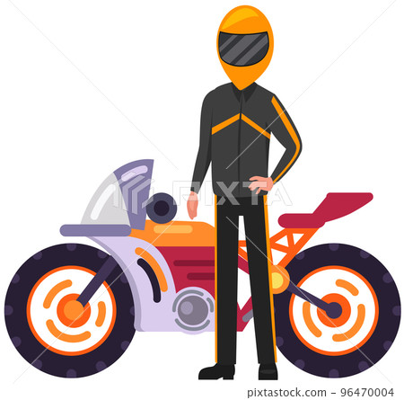 Biker rides motorcycle along city road. Man in racer overalls and helmet motorcyclist riding vehicle Biker rides motorcycle along city road. Man in racer overalls and helmet motorcyclist riding vehicle 96470004