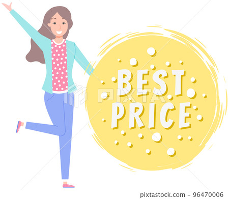 Woman standing near hot sale in online store icon. Discounts, marketing, sale of goods on Internet 96470006