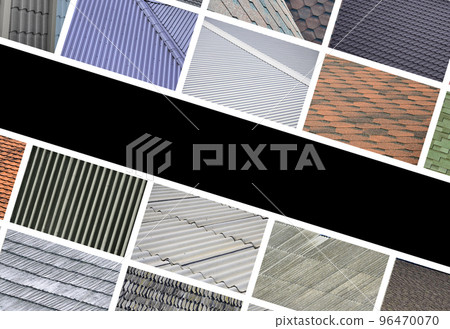 A collage of many pictures with fragments of various types of roofing close up. A set of images with roof coating textures A collage of many pictures with fragments of various types of roofing close up. A set of images with roof coating textures 96470070