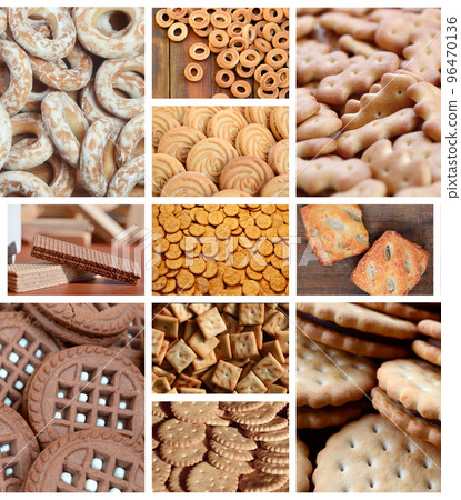A collage of many pictures with various sweets close-up. A set of images with varieties of biscuits, bagels and candies 96470136