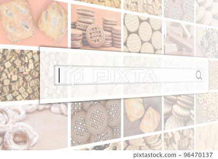 Visualization of the search bar on the background of a collage of many pictures with various sweets close-up. A set of images with varieties of biscuits, bagels and candies 96470137