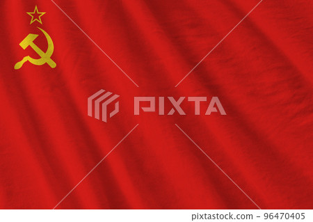 Soviet Union flag with big folds waving close up under the studio light indoors. The official symbols and colors in banner Soviet Union flag with big folds waving close up under the studio light indoors. The official symbols and colors in banner 96470405