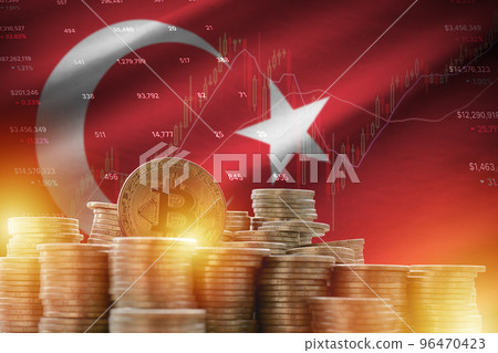 Turkey flag and big amount of golden bitcoin coins and trading platform chart. Crypto currency Turkey flag and big amount of golden bitcoin coins and trading platform chart. Crypto currency 96470423
