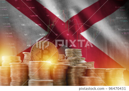 Alabama US state flag and big amount of golden bitcoin coins and trading platform chart. Crypto currency Alabama US state flag and big amount of golden bitcoin coins and trading platform chart. Crypto currency 96470431