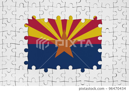 Arizona US state flag in frame of white puzzle pieces with missing central part 96470434