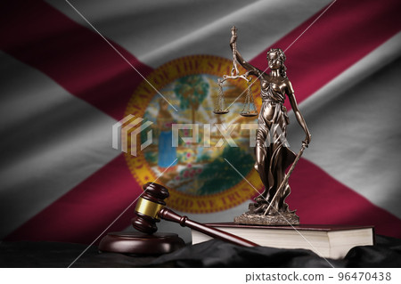 Florida US state flag with statue of lady justice, constitution and judge hammer on black drapery. Concept of judgement and guilt Florida US state flag with statue of lady justice, constitution and judge hammer on black drapery. Concept of judgement and guilt 96470438