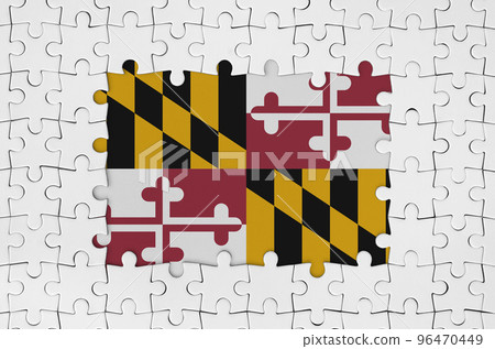 Maryland US state flag in frame of white puzzle pieces with missing central part Maryland US state flag in frame of white puzzle pieces with missing central part 96470449