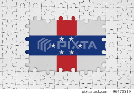 Netherlands Antilles flag in frame of white puzzle pieces with missing central part 96470519