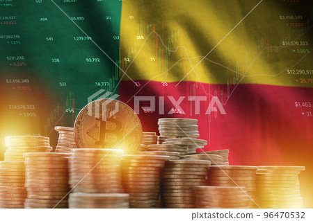 Benin flag and big amount of golden bitcoin coins and trading platform chart. Crypto currency Benin flag and big amount of golden bitcoin coins and trading platform chart. Crypto currency 96470532