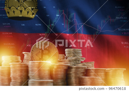 Liechtenstein flag and big amount of golden bitcoin coins and trading platform chart. Crypto currency Liechtenstein flag and big amount of golden bitcoin coins and trading platform chart. Crypto currency 96470618