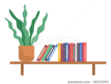 Bookshelf with books and potted plant in room interior. Home library with literature illustration Bookshelf with books and potted plant in room interior. Home library with literature illustration 96470760