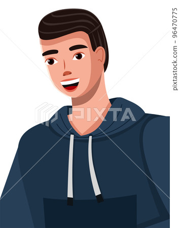 Cartoon illustration of a handsome young dark-haired man with broad smile wearing blue hoodie Cartoon illustration of a handsome young dark-haired man with broad smile wearing blue hoodie 96470775