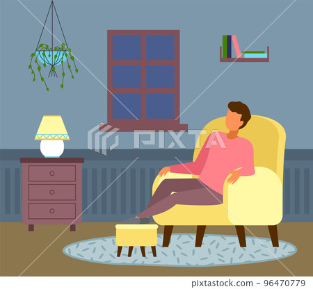 The young man sits in a yellow chair at home. Man puts his foot on the leash. Flat vector image 96470779