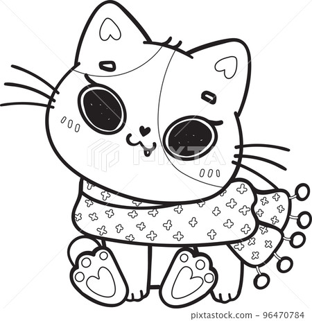 cute Christmas kitty cat in winter scarf and hat outline cartoon doodle hand drawn cute Christmas kitty cat in winter scarf and hat outline cartoon doodle hand drawn 96470784