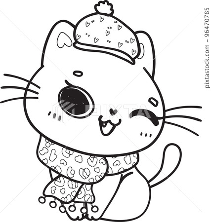 cute Christmas kitty cat in winter scarf and hat outline cartoon doodle hand drawn cute Christmas kitty cat in winter scarf and hat outline cartoon doodle hand drawn 96470785