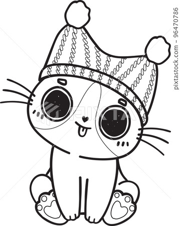 cute Christmas kitty cat in winter scarf and hat outline cartoon doodle hand drawn cute Christmas kitty cat in winter scarf and hat outline cartoon doodle hand drawn 96470786