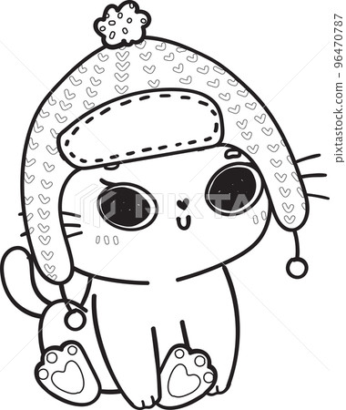 cute Christmas kitty cat in winter scarf and hat outline cartoon doodle hand drawn 96470787
