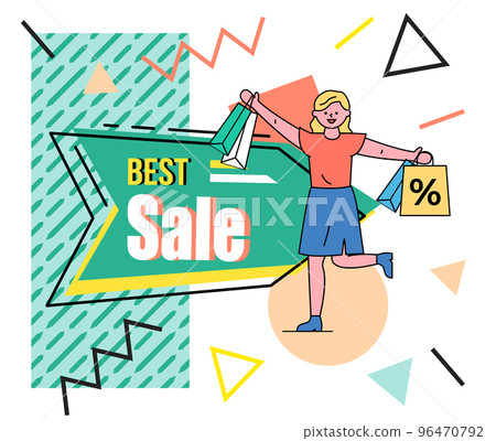 Best sale banner with a woman holding shopping bag standing near advertising poster with lettering 96470792