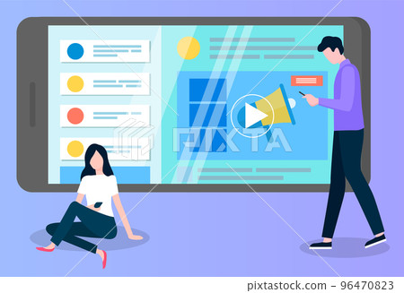 Development of a plan how to attract customers. Man and woman typing in telephone, collaborate Development of a plan how to attract customers. Man and woman typing in telephone, collaborate 96470823