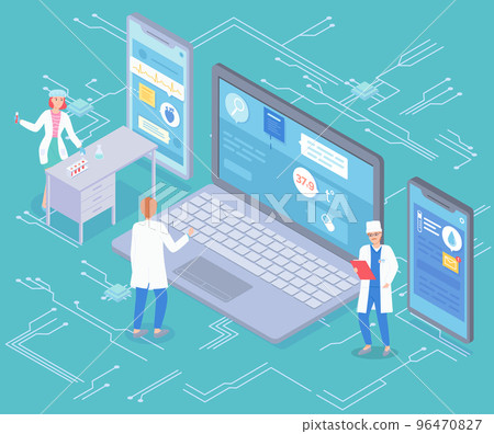 Isometric image of laboratory assistant and doctors consulting patients remotely via modern devices 96470827