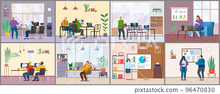 Employees in office engaged in various activities. Work, chat, relax. Office interior set Employees in office engaged in various activities. Work, chat, relax. Office interior set 96470830