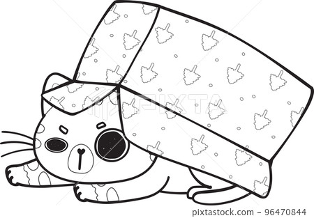 cute Christmas playful kitty cat play with present gift box outline cartoon doodle hand drawn cute Christmas playful kitty cat play with present gift box outline cartoon doodle hand drawn 96470844