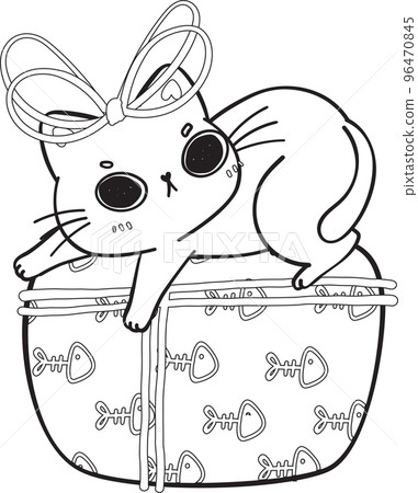 cute Christmas playful kitty cat play with present gift box outline cartoon doodle hand drawn cute Christmas playful kitty cat play with present gift box outline cartoon doodle hand drawn 96470845